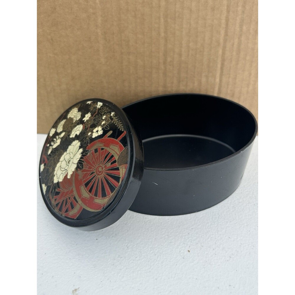Vintage Oval Japanese Black Lacquerware Lidded Trinket Storage Box